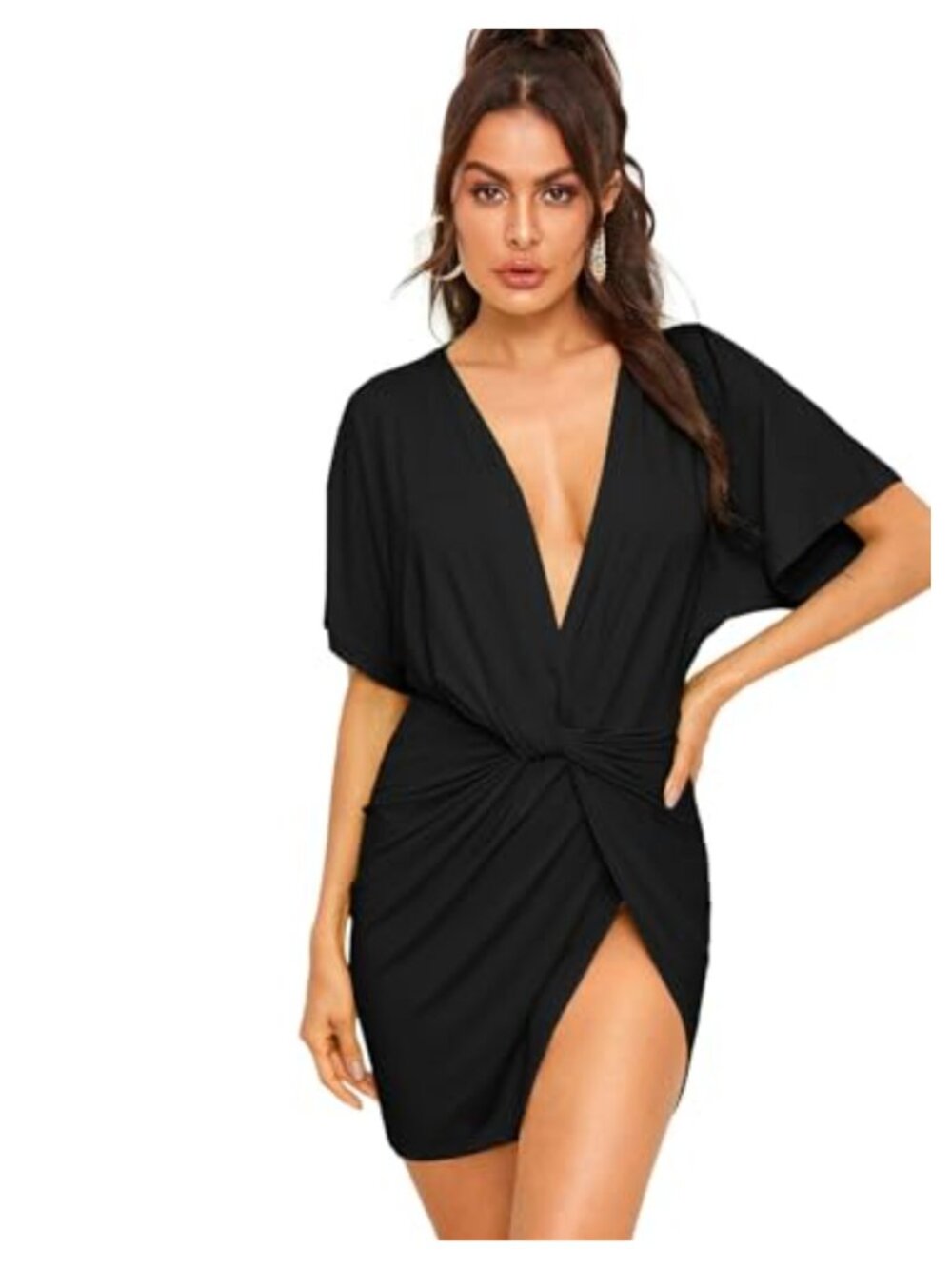Floerns Women's Deep V Neck Twisted Plunging High Slit Mini Party Dress